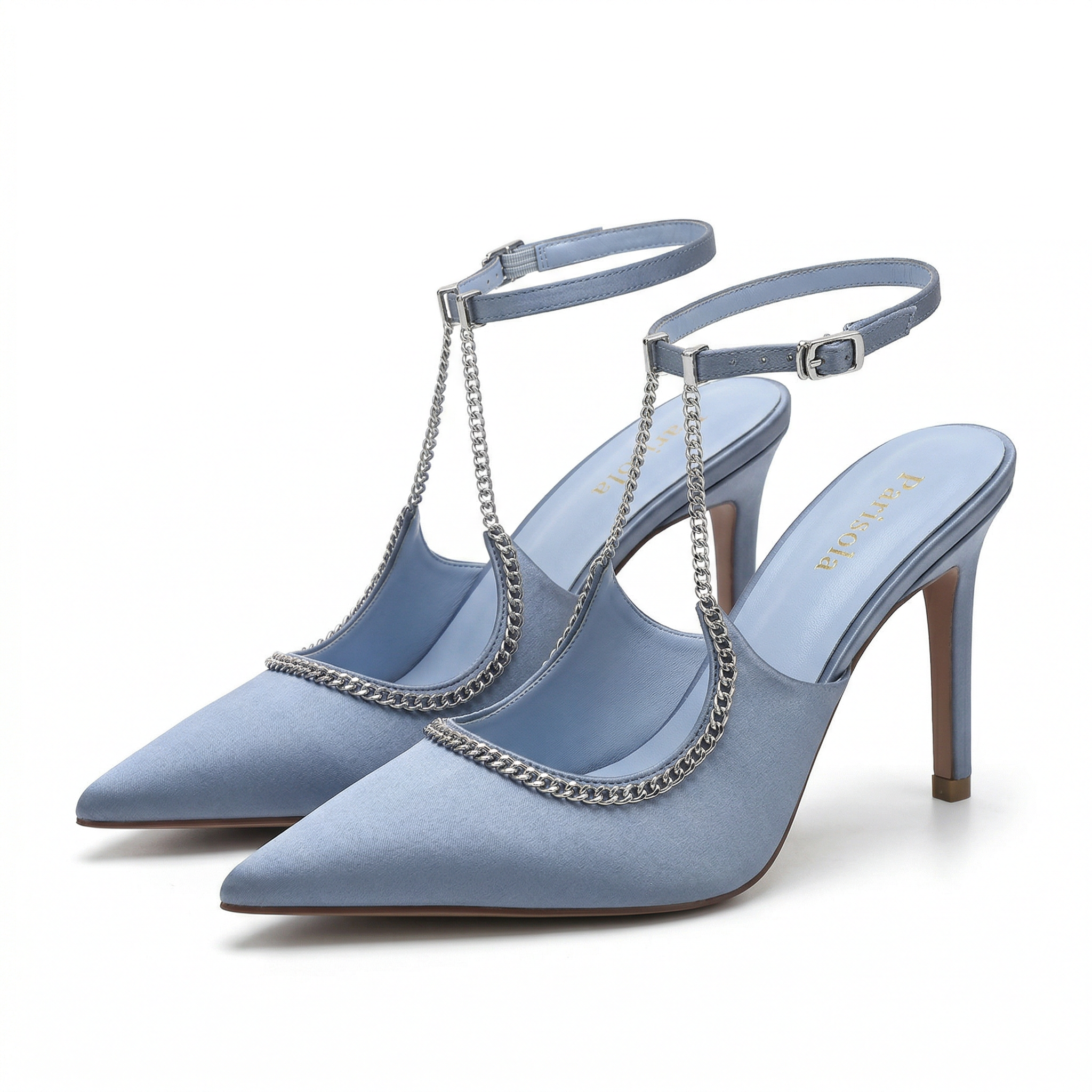 Escarpins en Satin Bleu pour Femme - Stil Chic avec Chaîne - Talon Aiguille Élégant - image 1
