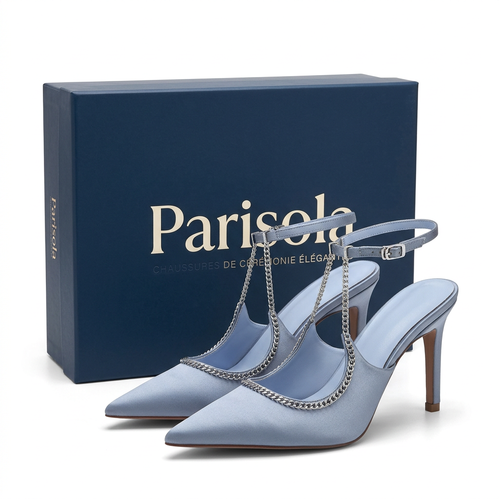 Escarpins en Satin Bleu pour Femme - Stil Chic avec Chaîne - Talon Aiguille Élégant - image 2