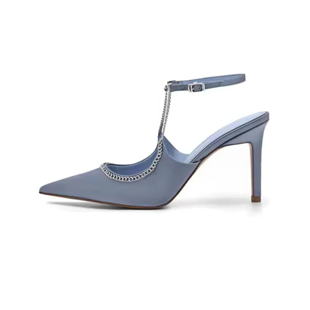 Escarpins en Satin Bleu pour Femme - Stil Chic avec Chaîne - Talon Aiguille Élégant - image 3