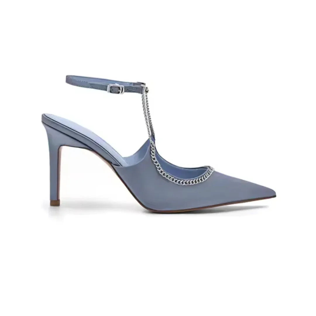 Escarpins en Satin Bleu pour Femme - Stil Chic avec Chaîne - Talon Aiguille Élégant - image 4