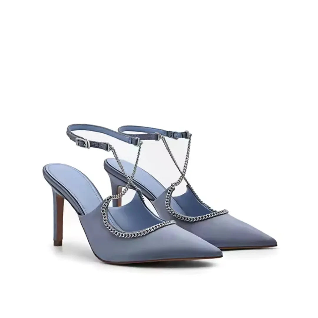 Escarpins en Satin Bleu pour Femme - Stil Chic avec Chaîne - Talon Aiguille Élégant - image 6