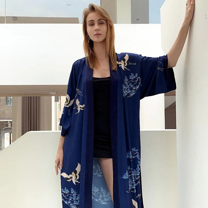 Kimono 100% Polyester Bleu Nuit Doux et Élégant pour Femme - Vêtement de Style Japonais - image 4