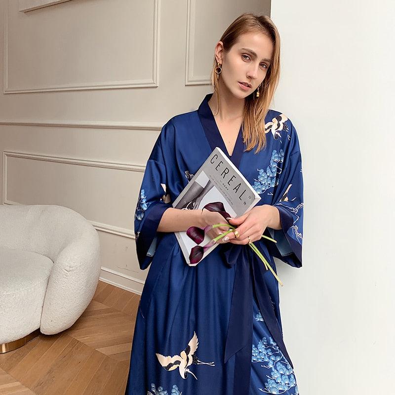 Kimono 100% Polyester Bleu Nuit Doux et Élégant pour Femme - Vêtement de Style Japonais - image 5