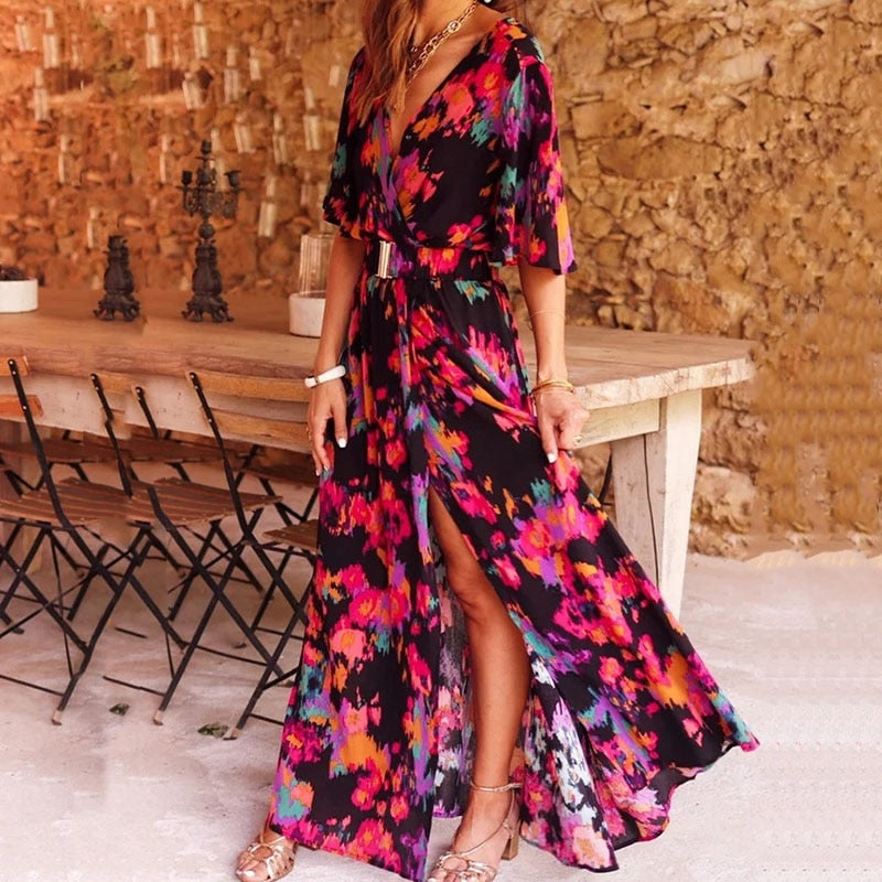 Robe Longue en Tissu Léger Fleurie Fendue – Élégante Robe Bohème pour Femme - image 2