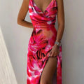 Robe Maxi Satinée Élégante avec Décolleté Drapé et Fente pour Femmes - image 1