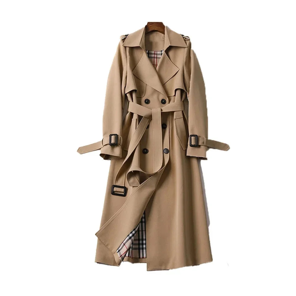 Trench-coat long en coton ceinturé avec revers élégant pour femme - Idéal pour un look chic en toute saison - image 1